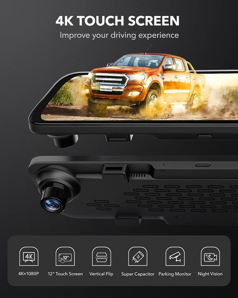 Wolfbox G840S 12" 4K Mirror Dash Cam Backup Camera Smart Rearview Mirror