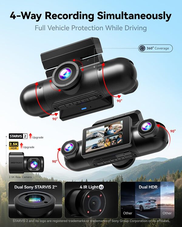 REDTIGER VP40 4-Channel 360 View Dash Cam - 2.5K Front & Rear, 1080P Side  