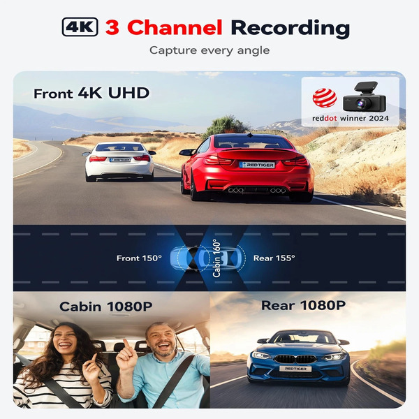Redtiger F17 Elite 3-Channel Dash Cam - 4K Front, 1080P Inside & Rear