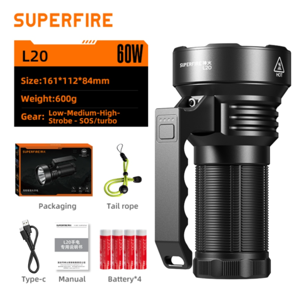 SUPERFIRE L20 Long-Range Heavy-Duty Flashlight - 5000 Lumens, 600m Beam