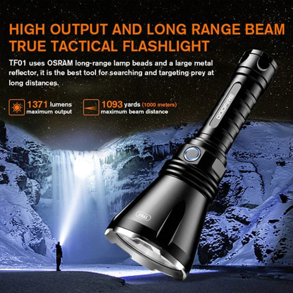 GODFIRE TF01 High-End LED Flashlight - 1371 Lumens, 1000m Beam Distance