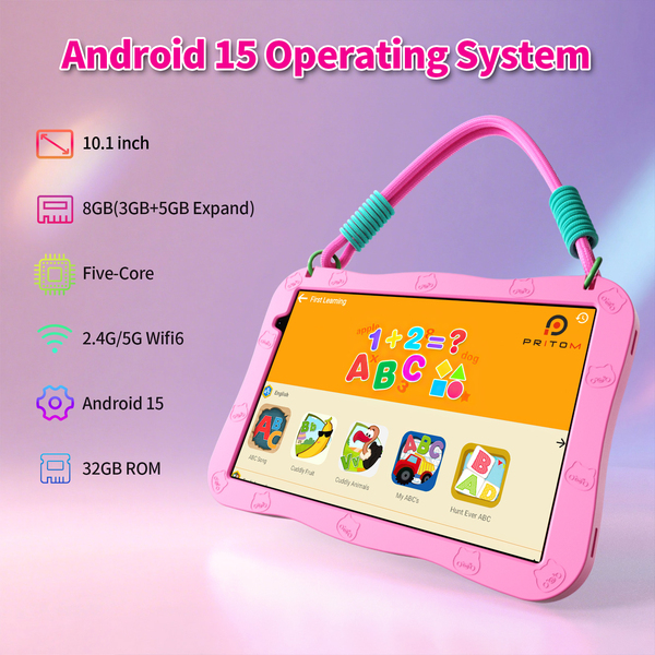 Pritom D11A Kids 10.1" Tablet 3GB+5GB RAM, 32GB ROM, Silicone Case & WI-FI6 - Pink