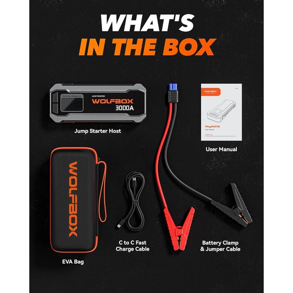 Wolfbox 3000A Jump Starter - 12V Car Battery Jump Starter, 65W Quick Charge