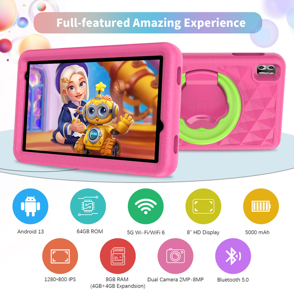 Pritom Tab 8 Pro Kids - 8GB RAM, 64GB ROM, Parental Controls, 5000mAh - Pink