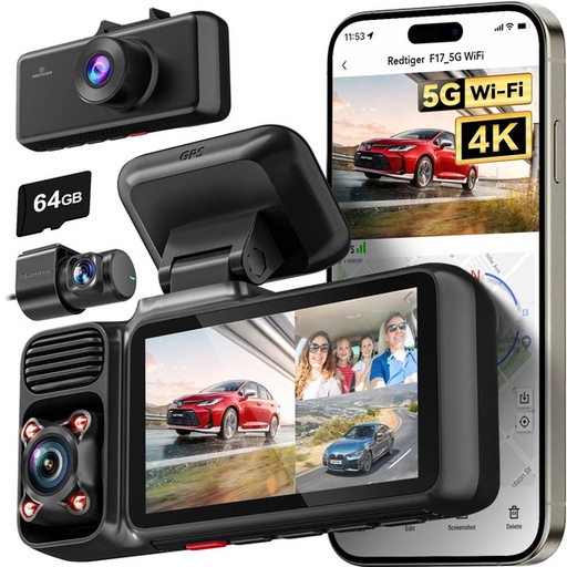 [6985] Redtiger F17 Elite 3-Channel Dash Cam - 4K Front, 1080P Inside & Rear