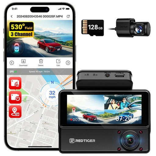 [6987] REDTIGER VP20 530 Dash Cam - 3-Channel 2.5K+1080P with IR Night Vision
