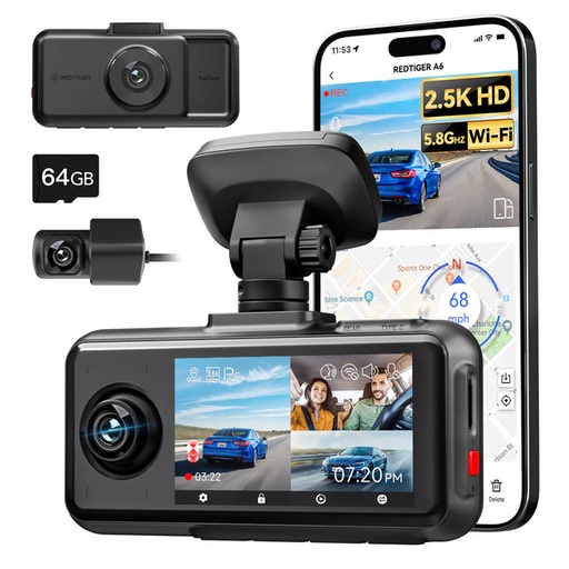 [6988] Redtiger A6 3Channel Dash Cam 2.5K Front + 1080P Rear + Cabin, Touchscreen