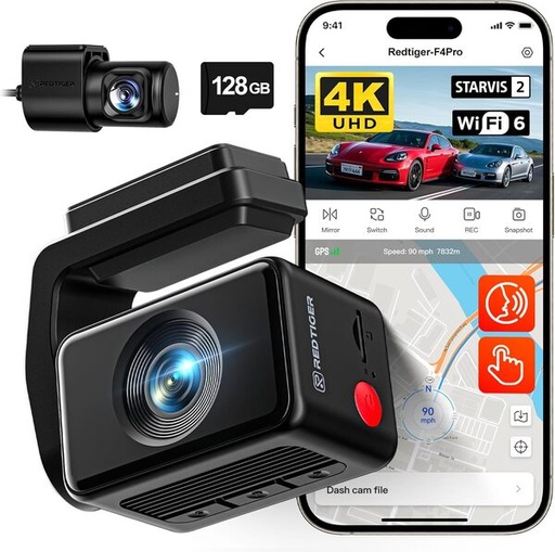[7214] REDTIGER F4 Pro 4K Front & 1080P Rear Dash Cam - STARVIS 2 Sensor, 128GB