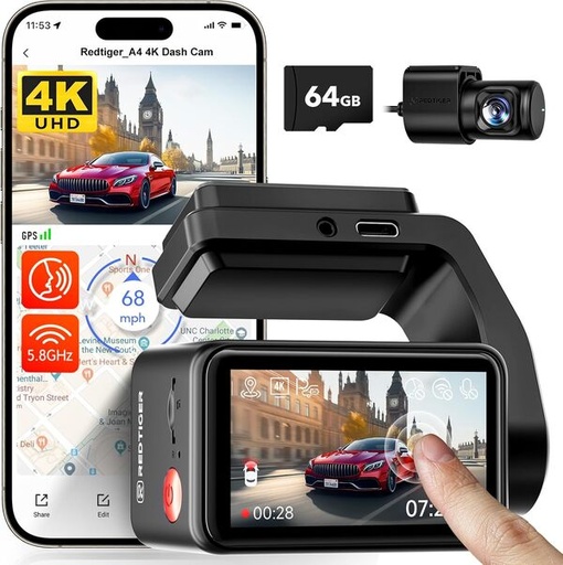 [7215] REDTIGER A4 4K Front & 1080P Rear Dash Cam - 5GHz Wi-Fi, 64GB Card, GPS